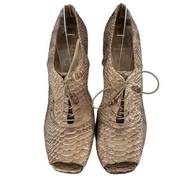 Stuart Weitzman ankle booties size 10 tan brown snakeskin square toe maximalist - Picture 2 of 12